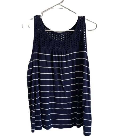 Old Navy Shirt Women's Large Blue White Stripe Eyelet Neckline Tank Top - Picture 1 of 8